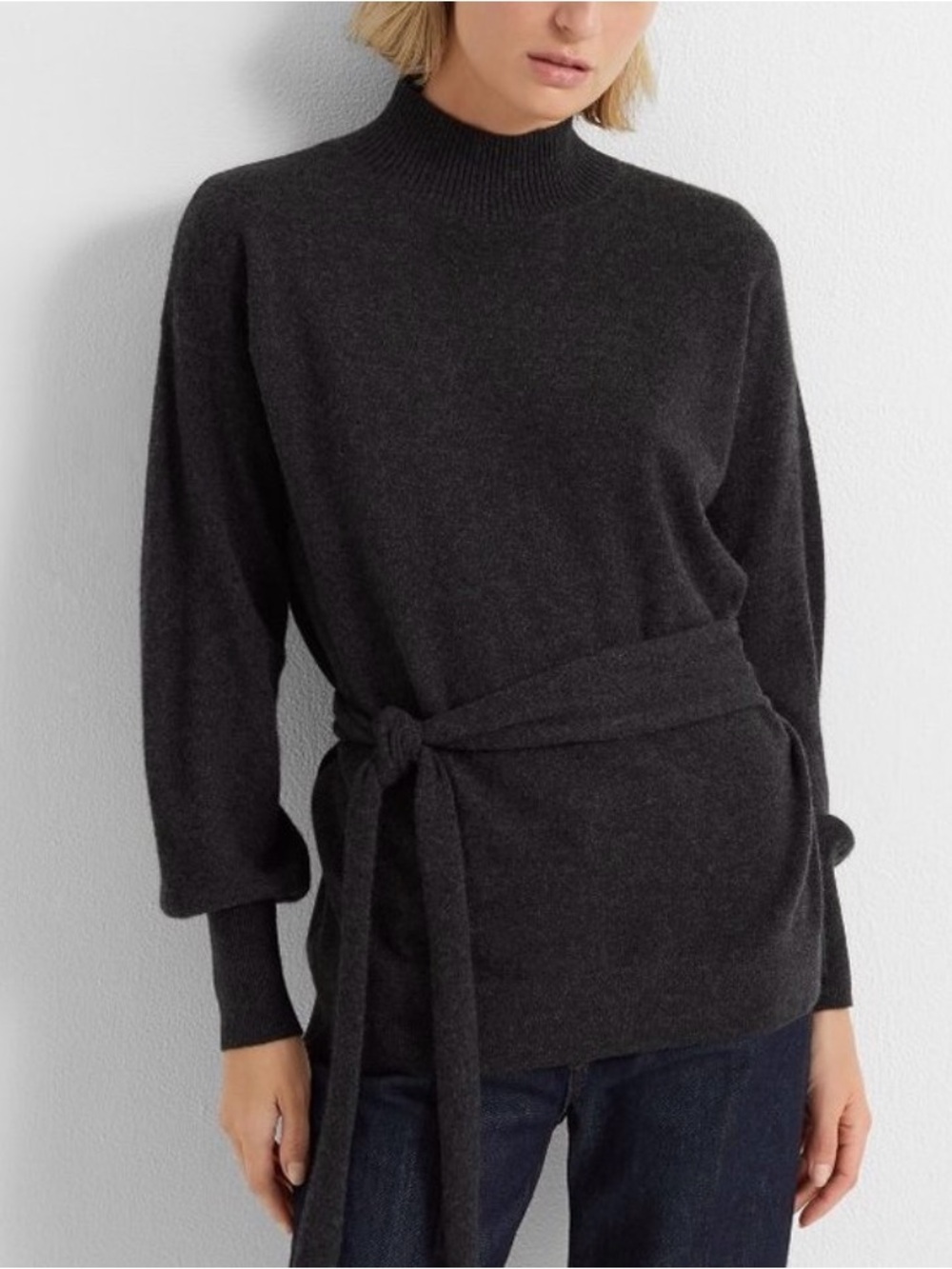 Club Monaco Tie Waist Mock Neck Cashmere Charcoal Women Sweater Sz S/P NWT